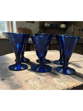Hand Blown Cobalt Blue Glass VTG 1950s Cordial Glasses Set Of 6 Swirl Design